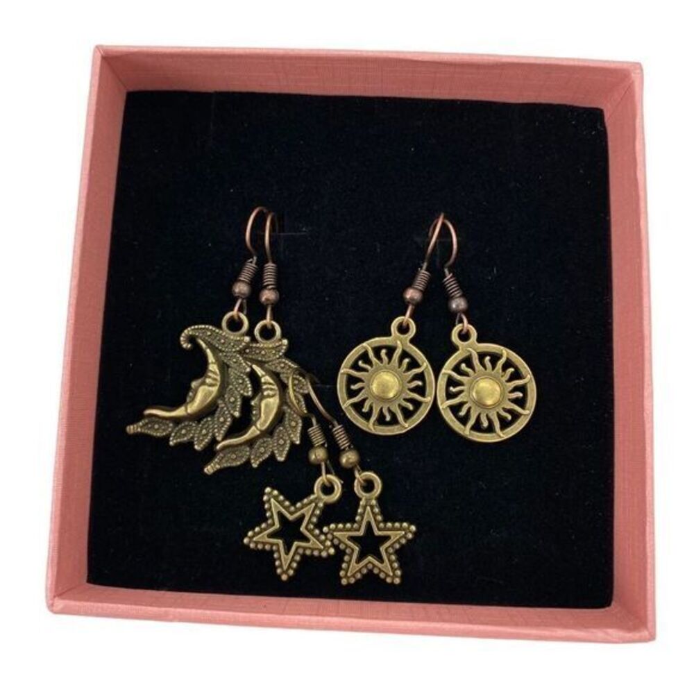 Crescent Moon, Sun and Stars Bronze Celestial Earrings Lot
